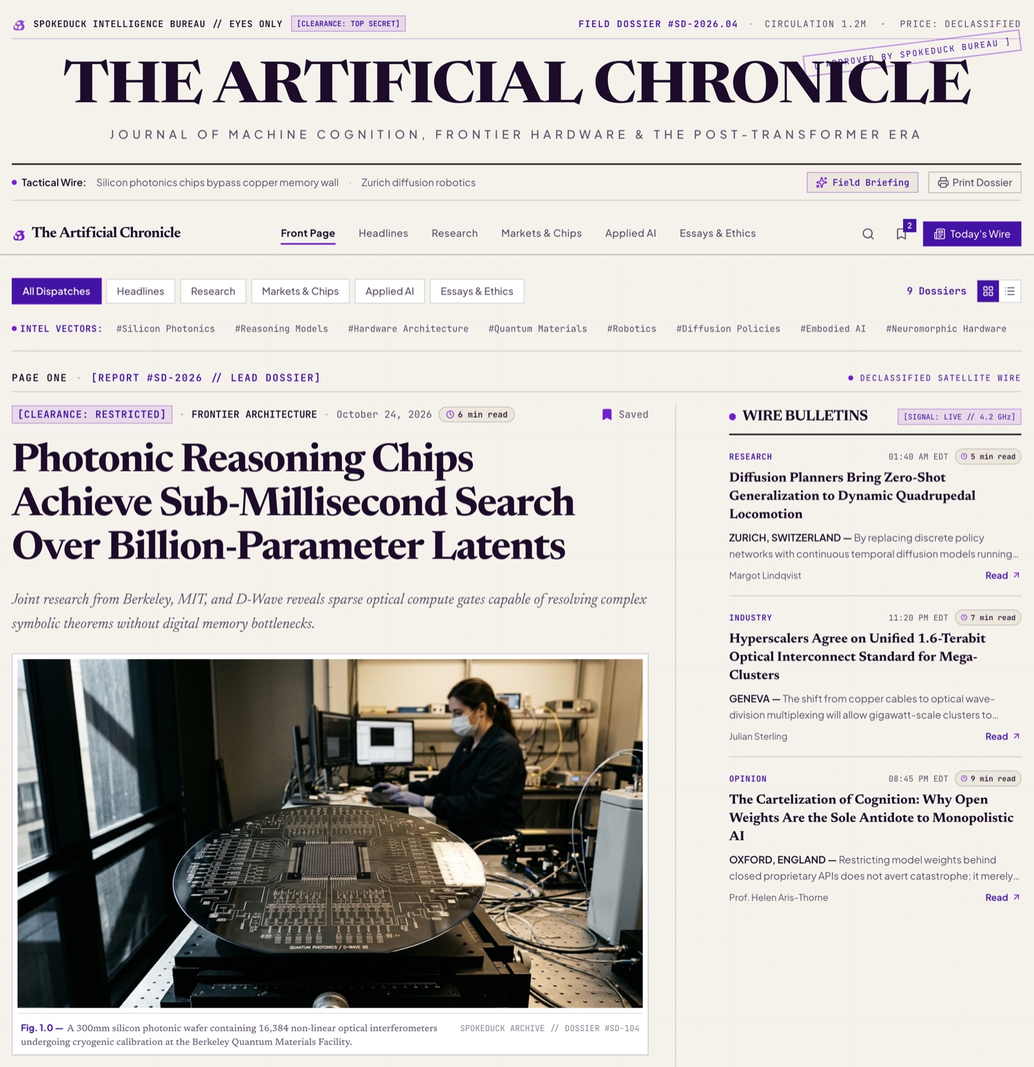 The Artificial Chronicle front page, with its newspaper masthead, lead technology story and Wire Bulletins column.