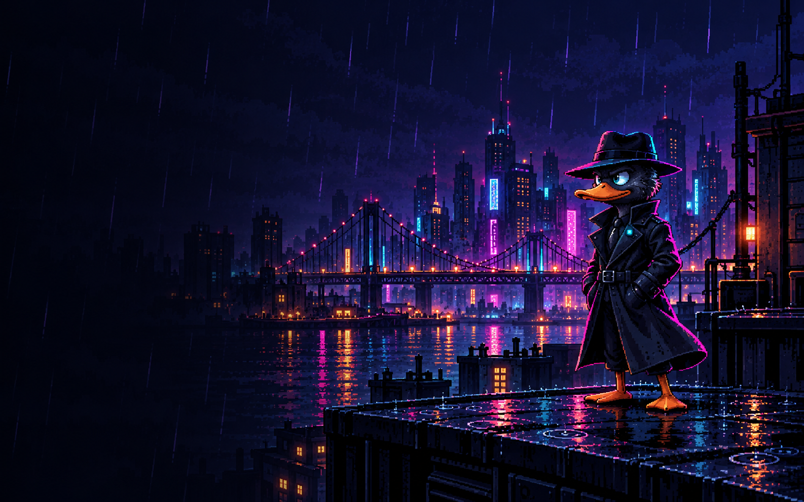 SpokeDuck watching a neon city from a rooftop
